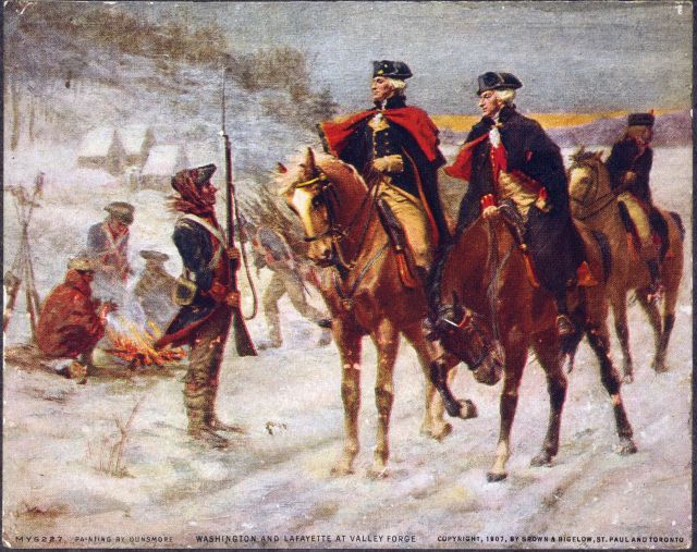 Artist depiction of the encampment at Valley Forge. George Washington and the Marquis de Lafayette are the two horsemen 